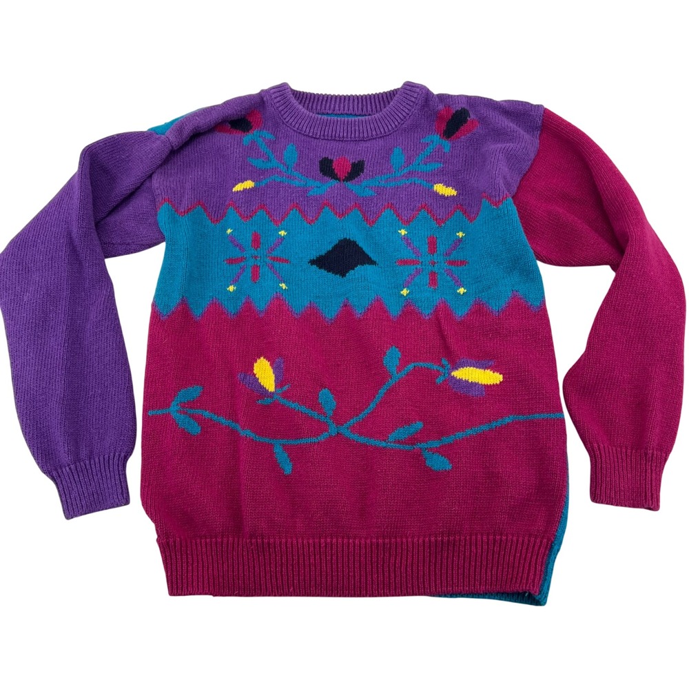 Womens 80s 90s Retro Geometric Colorblock Knit Sweater Pullover Purple Teal Pink